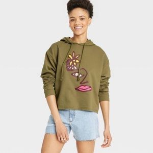 𝅺pride unisex Adult lgbtq Blu Face cropped long sleeveHoodie Olive Green XL new